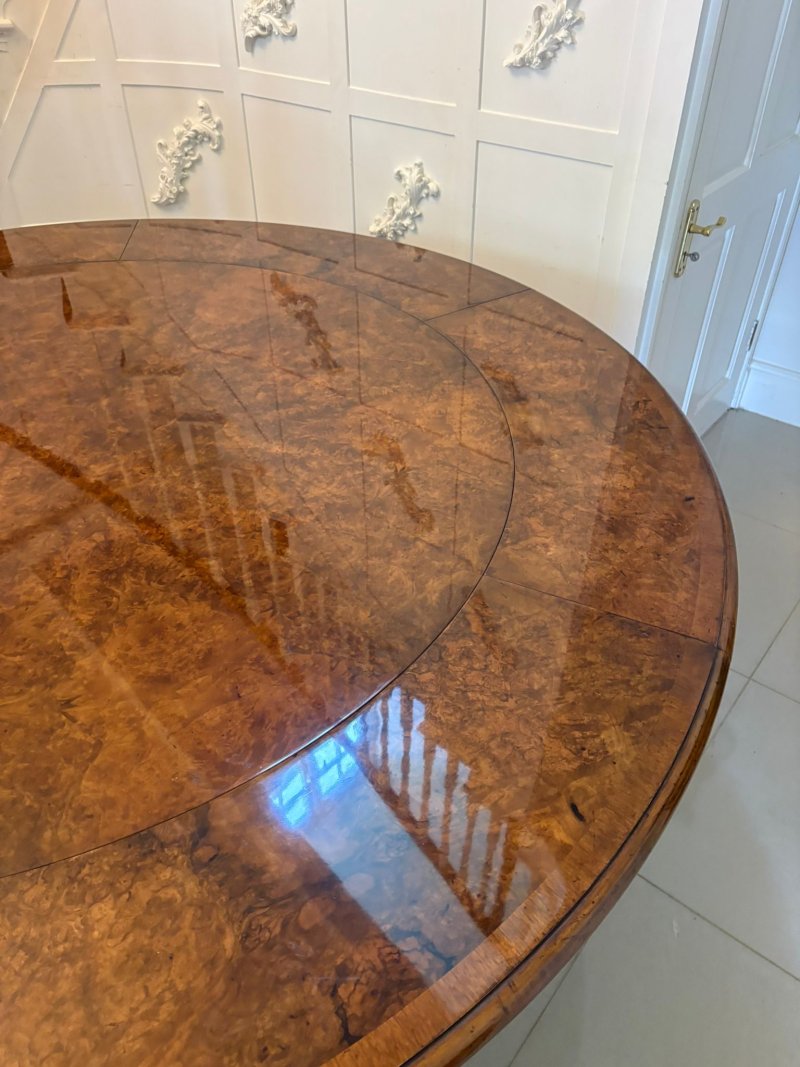 Antique Exceptional Quality Burr Walnut Circular Extending Dining Table Seating 10 with Radial Leaves & Matching Burr Walnut Leaf Holder - Image 34